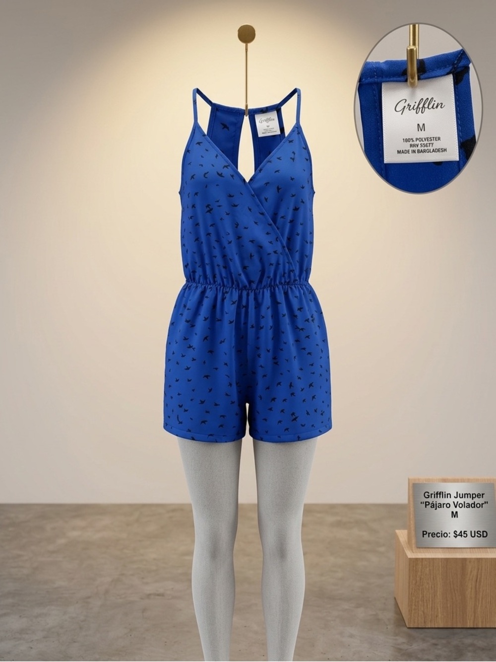 Grifflin Blue Printed Romper - 'Pájaro Volador'